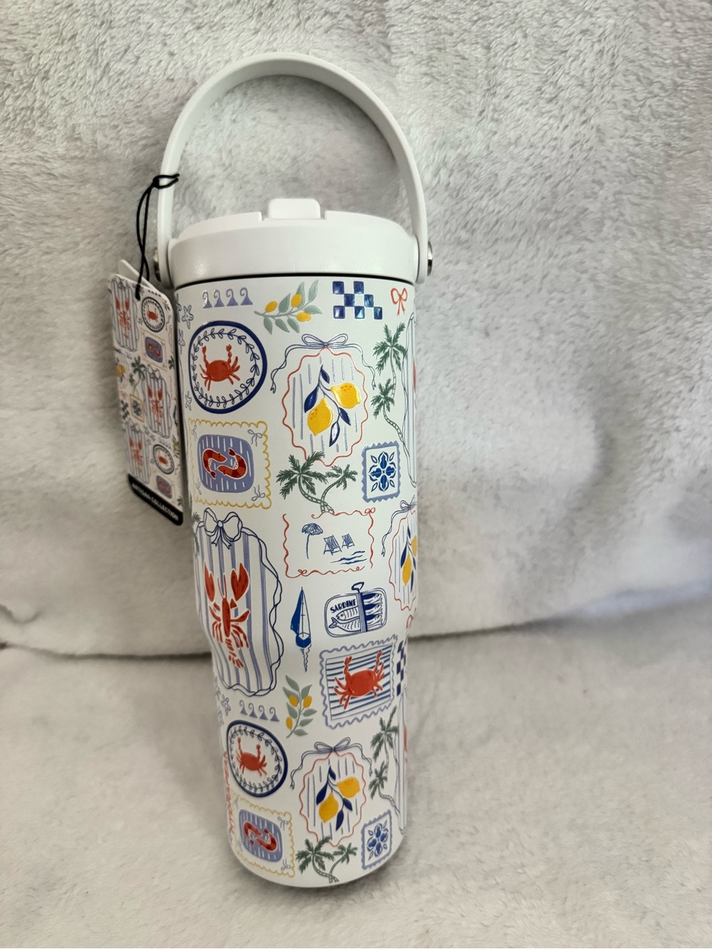 White Patterned Stainless Water Bottle with Handle